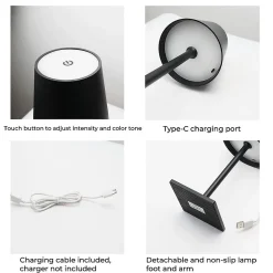 Lampe de Table Rechargeable Portable LED CCT 3000K4000K6000K en Aluminium, IP44, 15W, Tactile avec Intensité Réglable