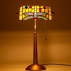 Lampe de table style Tiffany libellule en verre mosaïque jaune pour chambre, bureau et lecture E27