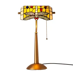 Lampe de table style Tiffany libellule en verre mosaïque jaune pour chambre, bureau et lecture E27