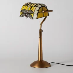 Lampe de table style Tiffany libellule en verre mosaïque jaune pour chambre, bureau et lecture E27