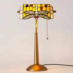 Lampe de table style Tiffany libellule en verre mosaïque jaune pour chambre, bureau et lecture E27