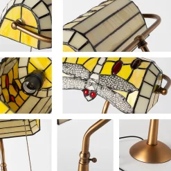 Lampe de table style Tiffany libellule en verre mosaïque jaune pour chambre, bureau et lecture E27