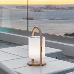 Lampe enceinte bluetooth sans fil dimmable Woody Play Lumisky 100lm 10W IP44 90dB blanc froid blanc chaud multicolore l.19 x H.37 cm