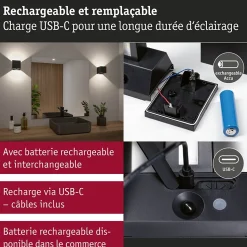 Lampe murale rechargeable à LED Nyara IP44 3000K 100x104mm 2x1W Noir