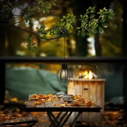 Lampe solaire / suspension 'Grid' en métal noir, D: 20 cm, ampoule fixe incluse, blanc chaud, pour l'extérieur