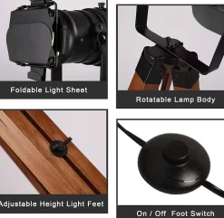 Lampe sur Pied Cinema Trépied Bois avec Projecteur Orientable Noir Style Rétro Industriel Marin pour SalonStudio E27