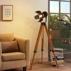 Lampe sur Pied Cinema Trépied Bois avec Projecteur Orientable Noir Style Rétro Industriel Marin pour SalonStudio E27