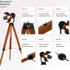 Lampe sur Pied Cinema Trépied Bois avec Projecteur Orientable Noir Style Rétro Industriel Marin pour SalonStudio E27