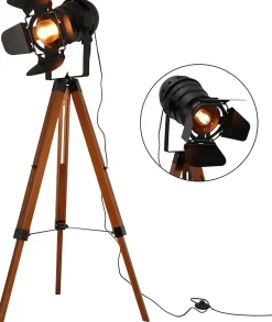 Lampe sur Pied Cinema Trépied Bois avec Projecteur Orientable Noir Style Rétro Industriel Marin pour SalonStudio E27