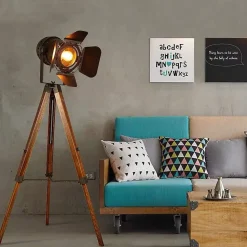 Lampe sur Pied Cinema Trépied Bois avec Projecteur Orientable Noir Style Rétro Industriel Marin pour SalonStudio E27