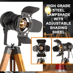 Lampe sur Pied Cinema Trépied Bois avec Projecteur Orientable Noir Style Rétro Industriel Marin pour SalonStudio E27