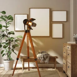 Lampe sur Pied Cinema Trépied Bois avec Projecteur Orientable Noir Style Rétro Industriel Marin pour SalonStudio E27