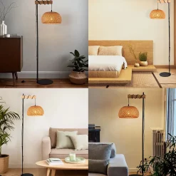 Lampe sur pied en bois et rotin avec abat-jour en bambou Ylva interrupteur au pied et design moderne pour salon ou cuisine E27