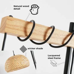 Lampe sur pied en bois et rotin avec abat-jour en bambou Ylva interrupteur au pied et design moderne pour salon ou cuisine E27