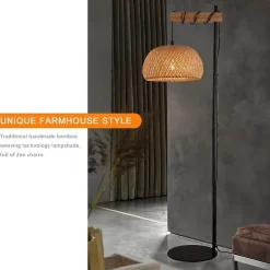 Lampe sur pied en bois et rotin avec abat-jour en bambou Ylva interrupteur au pied et design moderne pour salon ou cuisine E27