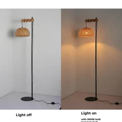 Lampe sur pied en bois et rotin avec abat-jour en bambou Ylva interrupteur au pied et design moderne pour salon ou cuisine E27