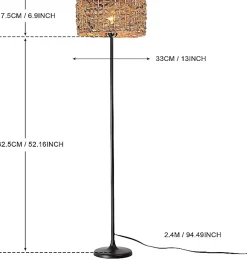 Lampe sur Pied en Rotin Tressée à la Main avec Interrupteur de Câble Douille E27 pour Salon et Chambre