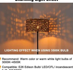 Lampe sur Pied en Rotin Tressée à la Main avec Interrupteur de Câble Douille E27 pour Salon et Chambre