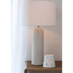Lampe sur pied en terre cuite et lin (38x38x68 cm - Blanc)