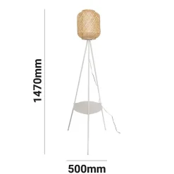 Lampe sur pied trépied en aluminium avec abat-jour en bambou et diffuseur avec plateau pour salon chambre E27