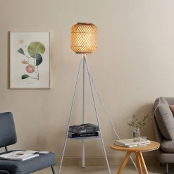 Lampe sur pied trépied en aluminium avec abat-jour en bambou et diffuseur avec plateau pour salon chambre E27