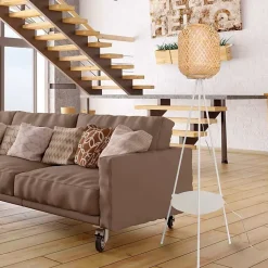 Lampe sur pied trépied en aluminium avec abat-jour en bambou et diffuseur avec plateau pour salon chambre E27