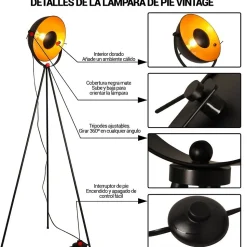 Lampe sur pied trépied en aluminium vintage industriel avec projecteur orientable rétro idéale pour le salon ou le studio douille