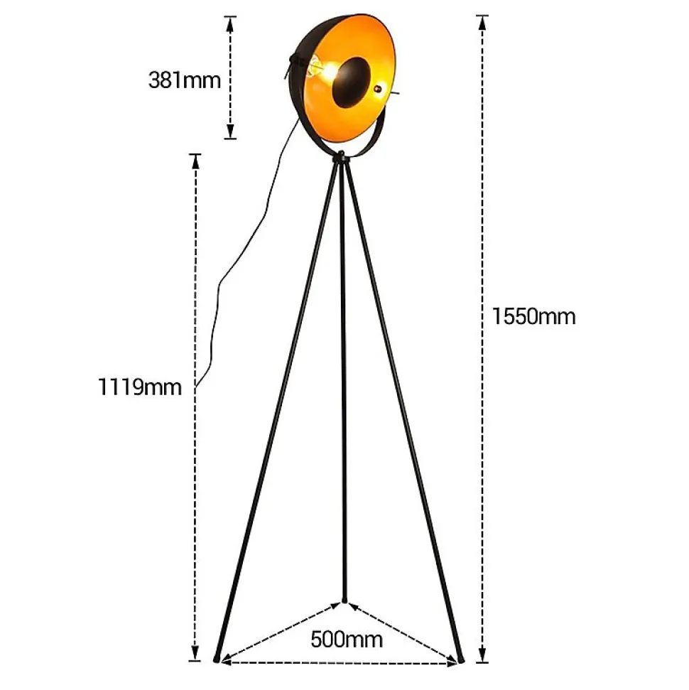 Lampe sur pied vintage avec trépied Bremen  Style industriel nordique avec abat-jour métallique doré et noir