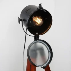 Lampe sur trépied cinéma en bois naturel tête orientable et hauteur réglable style vintage E27 pour salon et chambre