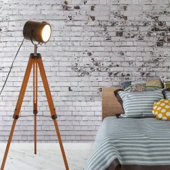 Lampe sur trépied cinéma en bois naturel tête orientable et hauteur réglable style vintage E27 pour salon et chambre