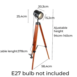 Lampe sur trépied cinéma en bois naturel tête orientable et hauteur réglable style vintage E27 pour salon et chambre