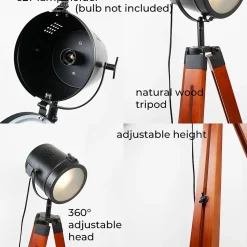 Lampe sur trépied cinéma en bois naturel tête orientable et hauteur réglable style vintage E27 pour salon et chambre