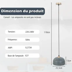 Lampe Suspendue avec Abat jour Lustre Plafonnier avec Corde de Suspension Réglable Douille E27 Gris