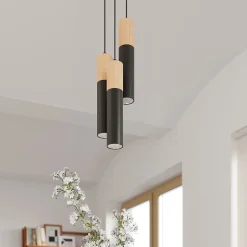 Lampe suspendue en acier/bois 3 lampes 45x6x90cm Sollux