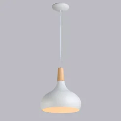 Lampe Suspendue en Métal Blanc et Bois Style Nordique pour Salon et Salle à Manger E27 26cm