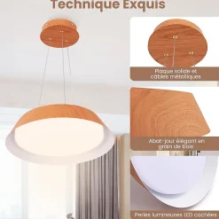 Lampe Suspension 21W LED Lumière Chaude 3000K Luminaire Moderne avec Grain de Bois et Cadre en Métal pour Chambre
