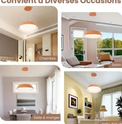 Lampe Suspension 21W LED Lumière Chaude 3000K Luminaire Moderne avec Grain de Bois et Cadre en Métal pour Chambre