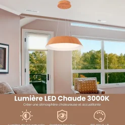 Lampe Suspension 21W LED Lumière Chaude 3000K Luminaire Moderne avec Grain de Bois et Cadre en Métal pour Chambre
