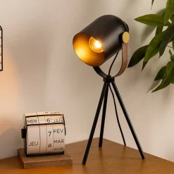 Lampe trépied Bil - noir - bois et doré - métal H45 cm - Atmosphera
