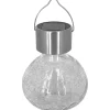Lampion solaire inox avec verre craquelé à suspendre ou à poser- Hauteur 11,5cm- Diamètre 9,5cm- 2 Lumens- Eclairage extérieur