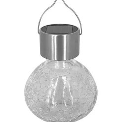Lampion solaire inox avec verre craquelé à suspendre ou à poser- Hauteur 11,5cm- Diamètre 9,5cm- 2 Lumens- Eclairage extérieur