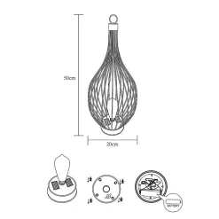 Lanterne solaire métal- Haureur 50cm- Diamètre 20cm- 2 LED COB filament blanc chaud- 20 Lumens- Eclairage extérieur Jardin