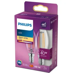 Lot 2 ampoules E14 (SES) flamme transparent 470lm 4.3W IP20 blanc chaud Philips