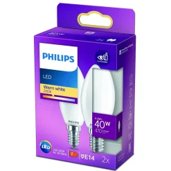 Lot 2 ampoules E14 (SES) flamme 470lm 4.3W = 40W IP20 blanc chaud Philips