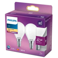 Lot 2 ampoules E14 (SES) standard 470lm 4.3W = 40W IP20 blanc chaud Philips