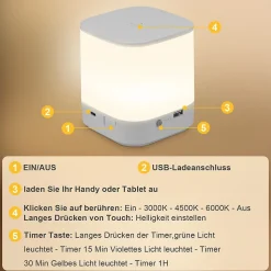 Lot lampes de table led nettlife avec batterie rechargeable de 1800 mah, variateur tactile 3000-6500k usb avec 3 températures