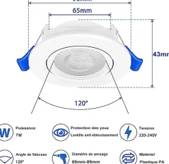 Lot de 10 - Spot LED encastrable orientable, 7W 3000K Blanc chaud transformateur intégré pour plafond