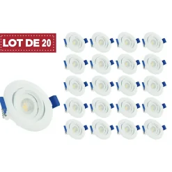 Lot de 20 - Spot LED encastrable orientable, 7W 6000K Blanc froid transformateur intégré pour plafond