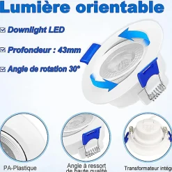 Lot de 50 - Spot LED encastrable orientable, 7W 6000K Blanc froid transformateur intégré pour plafond