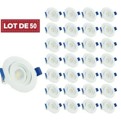 Lot de 50 - Spot LED encastrable orientable, 7W 6000K Blanc froid transformateur intégré pour plafond